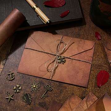 Vintage Stationary Paper and Envelopes Set, Writing Stationery Paper Letter and Envelopes Includes Sheets Antique Letter Papers, Kraft Envelopes, Retro Accessories, Rope (60 Pieces)