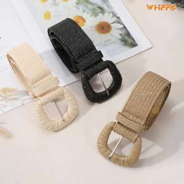 WHIPPY 3 Packs Women Straw Woven Elastic Stretch Waist Belts Fashion Boho Braided Skinny Ladies Dress Belt