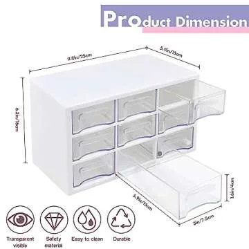 Desk Storage Organizer with 9 Drawers, FODIENS Stackable Desktop Craft Drawer Cabinet, Clear Storage Box Caddy for Makeup Jewelry Office Craft Supplies (9.84×6.3×5.9in)