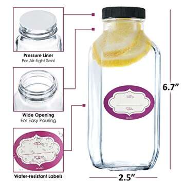 DilaBee 12-Pack Glass Juice Bottles with Lids - 16 oz Glass Bottles with Lids for Juice, Smoothie, Milk & Kombucha, Reusable Glass Water Bottles with Caps - Bulk Glass Bottles for Juicing BPA Free