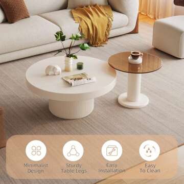 Guyii Cream White Coffee Tables Round Side Table with Small Table Round Coffee Table Set 2 Pieces Sofa Center Table for Living Room Apartment