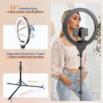Eicaus 14'' Foldable Ring Light with 67'' Tall Phone Tripod, Selfie Light with Remote for Video Recording, Live Streaming, Makeup, TIK Tok, Big Ringlight with Tripod for iPhone, Android, Camera