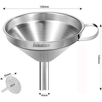 Lakatay 5-Inch Food Grade Stainless Steel Kitchen Funnel with 200 Mesh Food Filter Strainer for Transferring of Liquid Dry Ingredients and Metal Cooking Funnel
