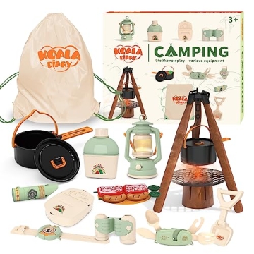 Kids Camping Toys Set - Pretend Play Camping Set with Food Toy, Spray Stove, Oil Lantern, Binoculars...