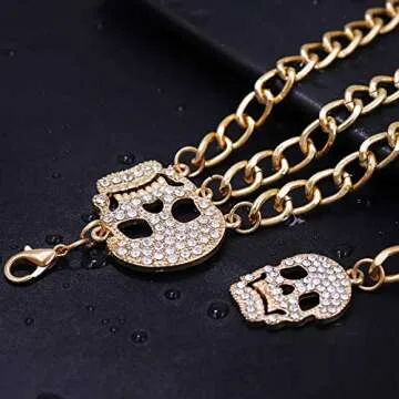 Glamorstar Multilayer Metal Waist Chain Dress Belts Metal Belt for Women (Crystal Gold Skull, Small(90cm/35.8in))