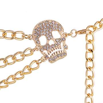 Glamorstar Multilayer Metal Waist Chain Dress Belts Metal Belt for Women (Crystal Gold Skull, Small(90cm/35.8in))