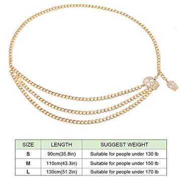 Glamorstar Multilayer Metal Waist Chain Dress Belts Metal Belt for Women (Crystal Gold Skull, Small(90cm/35.8in))