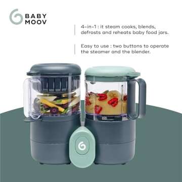 Babymoov Duo Meal Lite Food Maker - 4 in 1 Baby Food Processor with Steam Cooker, Blender, Baby Purees, Warmer and Defroster (Nutritionist Approved), Dark Grey