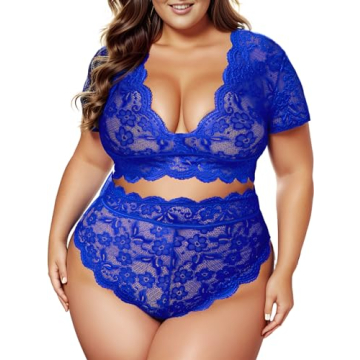 JuicyRose Plus Size 2 Piece Lingerie Set for Women Sexy Deep V Allover Lace Bra and Panty High Waist...