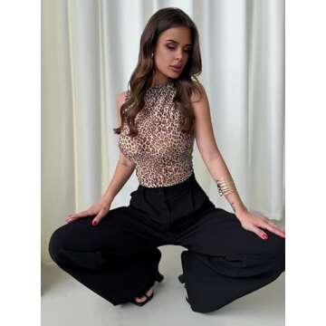 Milumia Women's See Through Leopard Print Ruched Tops Sleeveless Mock Neck Mesh Tank Top