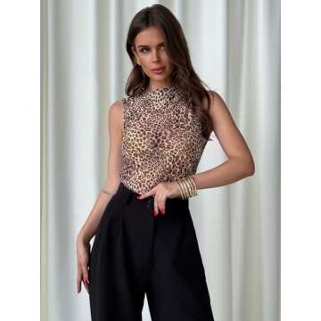 Milumia Women's See Through Leopard Print Ruched Tops Sleeveless Mock Neck Mesh Tank Top