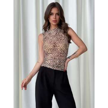 Milumia Women's See Through Leopard Print Ruched Tops Sleeveless Mock Neck Mesh Tank Top