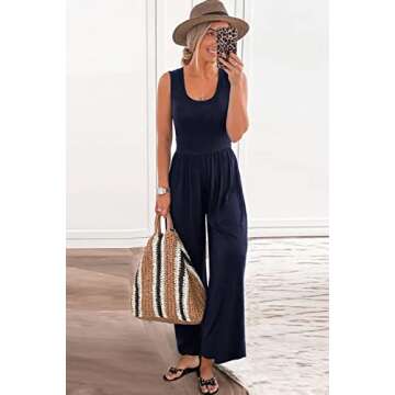 PRETTYGARDEN Women’s Summer Sleeveless Tank Jumpsuits High Waist Low Cut Casual Scoop Neck Fit And Flare Long Pants Rompers(Navy, Medium)