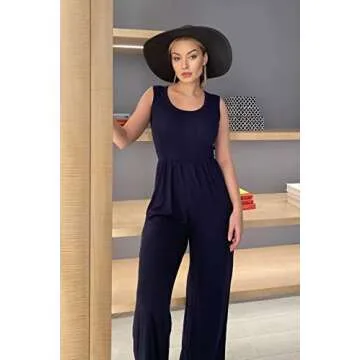 PRETTYGARDEN Women’s Summer Sleeveless Tank Jumpsuits High Waist Low Cut Casual Scoop Neck Fit And Flare Long Pants Rompers(Navy, Medium)