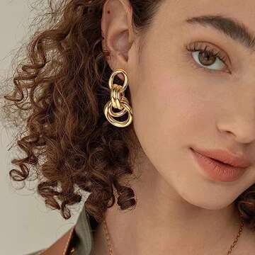 THUNARAZ Gold Earrings for Women Dangle Drop Statement Earrings Multiple Styles Gold Chunky Ear Jewelry for Birthday Party Gift - Double Circle Earrings Style