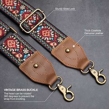 Nefelibata Purse Strap, 2" Cowhide Head Wide Shoulder Strap Adjustable Replacement,Retro Jacquard Em...