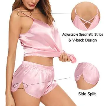 SWOMOG Silk Pajamas Set Womens Sleepwear Sexy Lingerie Cami Shorts Set Nightwear