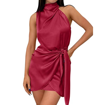 ZESICA Women's Elegant Satin Halter Neck Mini Dress - Red