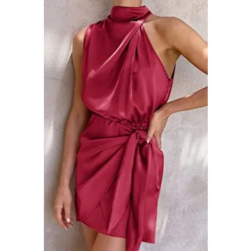 ZESICA Women's Elegant Satin Halter Neck Mini Dress - Red