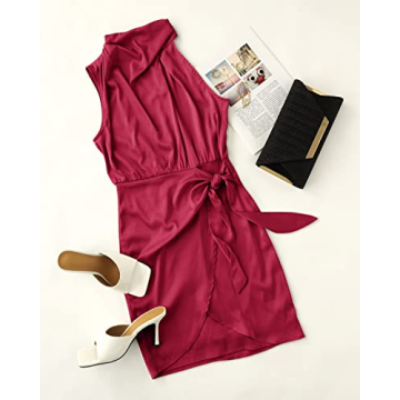 ZESICA Women's Elegant Satin Halter Neck Mini Dress - Red