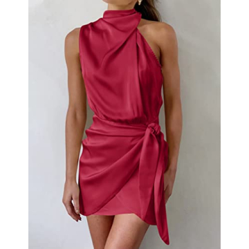 ZESICA Women's Elegant Satin Halter Neck Mini Dress - Red