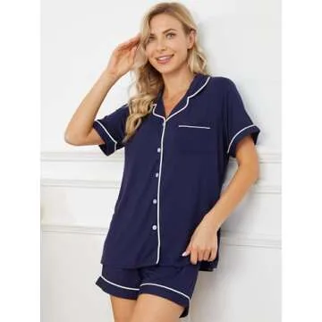 Yoolfine Womens Pajama Sets Short Sleeve Sleepwear Soft Button Down Nightwear Lounge Pj Set,X-Large,Navy Blue