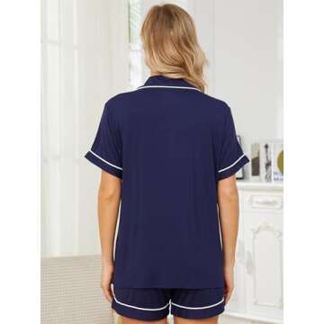 Yoolfine Womens Pajama Sets Short Sleeve Sleepwear Soft Button Down Nightwear Lounge Pj Set,X-Large,Navy Blue