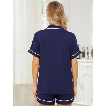 Yoolfine Womens Pajama Sets Short Sleeve Sleepwear Soft Button Down Nightwear Lounge Pj Set,X-Large,Navy Blue
