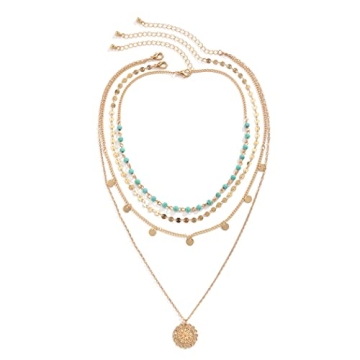 Hermoli Boho Choker Women Necklace Gold Turquoise Coin Pendant Layered Necklaces Chain
