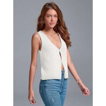 BZB Sweater Tank Tops for Women 2024 Summer Basic V Neck Crochet Knit Vest Sexy Button Casual Y2k Sweater Sleeveless Top White