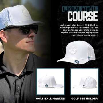 BRIMZ Golf Performance Hat - Breathable Sweat & Water Resistant Golfing Snapback Cap with Tee Holder & Magnetic Ball Marker (White - Beers & Bogeys)
