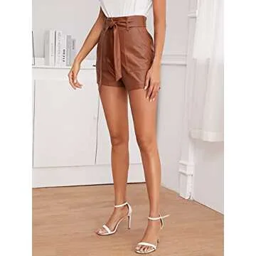 Floerns Women's Casual Belted Wide Leg High Waisted Leather Shorts with Pocket Brown S