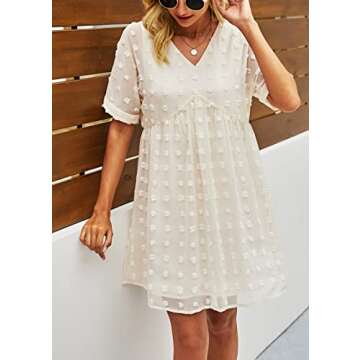 KIRUNDO Womens Summer Dresses 2024 Casual V Neck Short Sleeve Swiss Dot Ruffle Loose Flowy Mini Babydoll Dress Maternity Dress (Apricot, Medium)