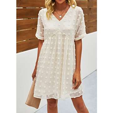 KIRUNDO Womens Summer Dresses 2024 Casual V Neck Short Sleeve Swiss Dot Ruffle Loose Flowy Mini Babydoll Dress Maternity Dress (Apricot, Medium)