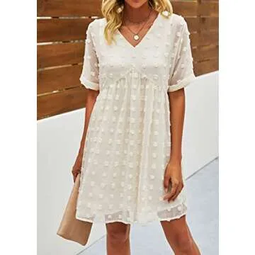 KIRUNDO Womens Summer Dresses 2024 Casual V Neck Short Sleeve Swiss Dot Ruffle Loose Flowy Mini Babydoll Dress Maternity Dress (Apricot, Medium)