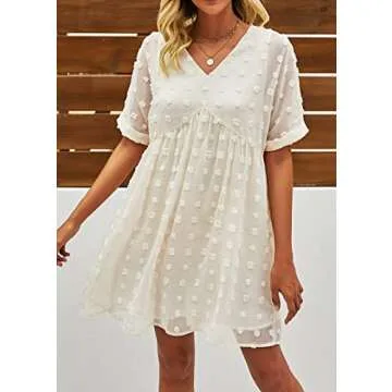 KIRUNDO Womens Summer Dresses 2024 Casual V Neck Short Sleeve Swiss Dot Ruffle Loose Flowy Mini Babydoll Dress Maternity Dress (Apricot, Medium)