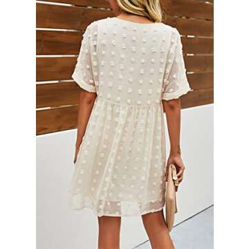 KIRUNDO Womens Summer Dresses 2024 Casual V Neck Short Sleeve Swiss Dot Ruffle Loose Flowy Mini Babydoll Dress Maternity Dress (Apricot, Medium)