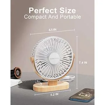 SWEETFULL Small USB Desk Fan 6.5 Inch, 3 Speeds Portable Personal Desktop Table Fan, Dual 360° Adjustment Mini Fan, Quiet Operation, for Home Office Car Outdoor Travel (White wood grain)
