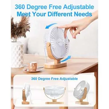 SWEETFULL Small USB Desk Fan 6.5 Inch, 3 Speeds Portable Personal Desktop Table Fan, Dual 360° Adjustment Mini Fan, Quiet Operation, for Home Office Car Outdoor Travel (White wood grain)