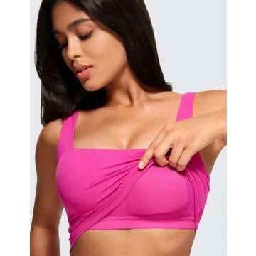 CRZ YOGA Butterluxe Womens Square Neck Longline Sports Bra - Workout Crop Tank Tops Padded with Built in Shelf Yoga Bra Hibiscus Purple X-Large