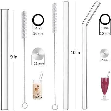 ALINK Reusable Glass Straws, 2PCS Large Clear Glass Boba Straws, 8PCS Wide Smoothie Straws for Bubbl...
