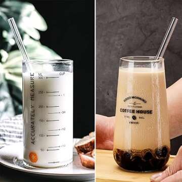 ALINK Reusable Glass Straws, 2PCS Large Clear Glass Boba Straws, 8PCS Wide Smoothie Straws for Bubble Tea, Milkshakes, Popping Tapioca Pearls with 2 Cleaning Brush