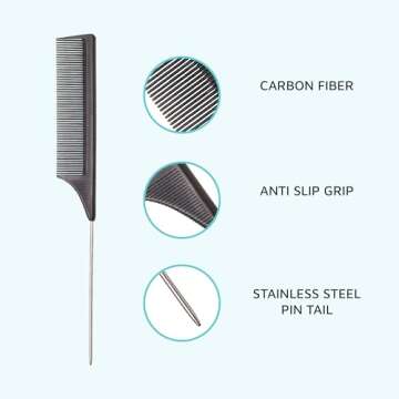 KISS Colors & Care Carbon Fiber Pin Tail Comb For Combing, Detangling, Teasing, Styling, Hair Partin...