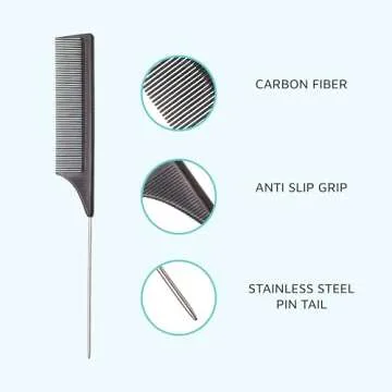 KISS Colors & Care Carbon Fiber Pin Tail Comb For Combing, Detangling, Teasing, Styling, Hair Partin...