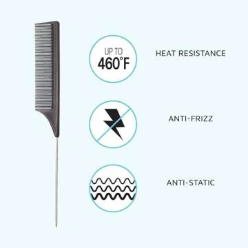 KISS Colors & Care Carbon Fiber Pin Tail Comb For Combing, Detangling, Teasing, Styling, Hair Parting - Anti Static & Heat Resistant For All Hair Types - Professional Quality Black