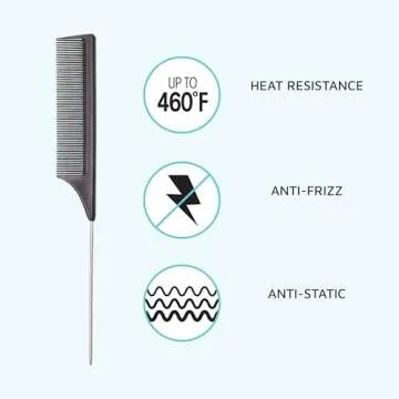 KISS Colors & Care Carbon Fiber Pin Tail Comb For Combing, Detangling, Teasing, Styling, Hair Parting - Anti Static & Heat Resistant For All Hair Types - Professional Quality Black