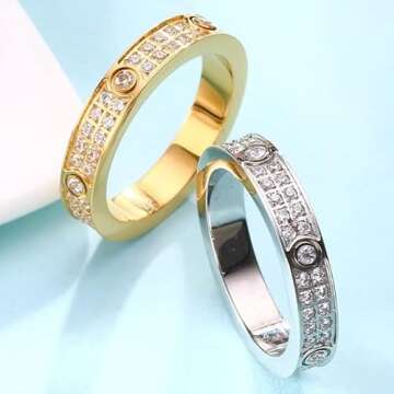 Truloven Love Friendship Ring 18K Gold Silver Rose Plated Cubic Zirconia Titanium Steel Promise Ring Wedding Band Jewelry Birthday Gifts for Women (2 rows drill- Gold, 5)