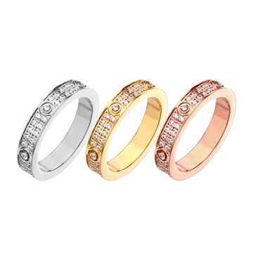 Truloven Love Friendship Ring 18K Gold Silver Rose Plated Cubic Zirconia Titanium Steel Promise Ring Wedding Band Jewelry Birthday Gifts for Women (2 rows drill- Gold, 5)
