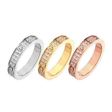 Truloven Love Friendship Ring 18K Gold Silver Rose Plated Cubic Zirconia Titanium Steel Promise Ring Wedding Band Jewelry Birthday Gifts for Women (2 rows drill- Gold, 5)