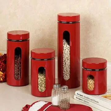 Quality Modern Red Stainless Steel Canister Set for Kitchen Counter with Glass Window & Airtight Lid - Food Storage Containers with Lids Airtight - Pantry Storage and Organization Set